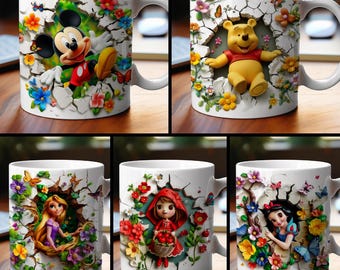 3D Effect Classic Girl Cartoon Character Mug Wrap, 11 oz & 15 oz Mug Bundle Sublimation Wrap, Instant Digital Download, PNG Template