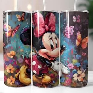 May include: Three stainless steel tumblers with a colorful design featuring Minnie Mouse, butterflies, and flowers. The artwork has a painterly style with vibrant colors, including red, pink, yellow, and blue. Each tumbler has a straw.