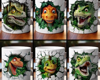 3D-effect dinosaurus- en monstertruck-mokomslag, 11 oz en 15 oz mokbundel sublimatieomslag, instant digitale download, png-sjabloon