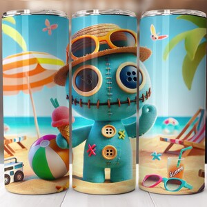 May include: A turquoise tumbler featuring a cartoon character with button eyes, wearing sunglasses and a straw hat, holding an ice cream cone. The design includes a beach scene with a beach ball, umbrella, and lounge chairs.