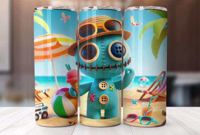 May include: A turquoise tumbler featuring a cartoon character with button eyes, wearing sunglasses and a straw hat, holding an ice cream cone. The design includes a beach scene with a beach ball, umbrella, and lounge chairs.