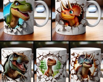 3D-effect dinosaurus- en monstertruck-mokomslag, 11 oz en 15 oz mokbundel sublimatieomslag, instant digitale download, png-sjabloon