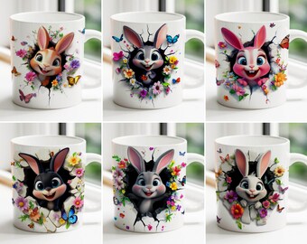 3D baby konijn mok wrap, 11 oz en 15 oz konijn sublimatie bundel mok wrap, instant digitale download, png-sjabloon