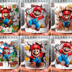 May include: White ceramic mugs featuring a 3D design of the video game character Mario breaking through a wall. Mario is wearing his signature red cap, blue overalls, and red shirt. The mugs have various background elements.