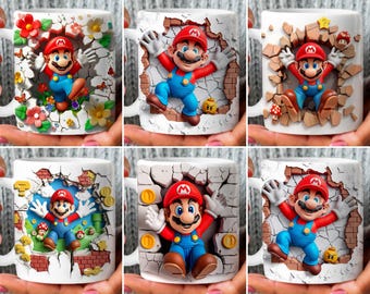3D-effect Super Mario-mokomslag, 11 oz en 15 oz mokbundel sublimatieomslag, instant digitale download, png-sjabloon