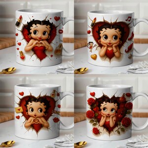 Betty Boop Mug Wrap PNG Bundle, 3D Cartoon Wall Crack Mug Design Set, 11oz 15oz Sublimation Digital Download, Pin-Up Girl Mug Art