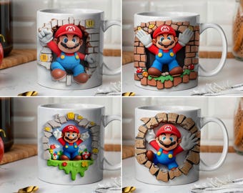 Caneca com efeito 3D do Super Mario, pacote de canecas de 11 oz e 15 oz, sublimação, download digital instantâneo, modelo PNG