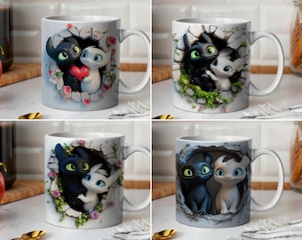 Toothless and Light Fury mok wrap bundel, Toothless and Light Fury 11 oz en 15 oz mok bundel sublimatie wrap