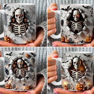 May include: White ceramic Halloween mug featuring a 3D design of a skeleton breaking through a cracked wall. The design includes pumpkins, bats, and spiderwebs, creating a spooky and festive look. The mug has a white handle and is perfect for seasonal beverages.