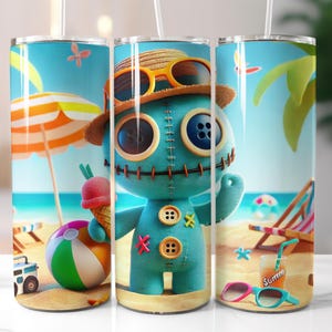 May include: A set of three turquoise tumblers with a beach-themed design. Each tumbler features a cartoon character with sunglasses and a straw. The background shows a beach scene with an umbrella, beach ball, and lounge chair.