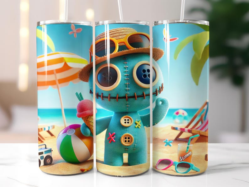 May include: A set of three turquoise tumblers with a beach-themed design. Each tumbler features a cartoon character with sunglasses and a straw. The background shows a beach scene with an umbrella, beach ball, and lounge chair.