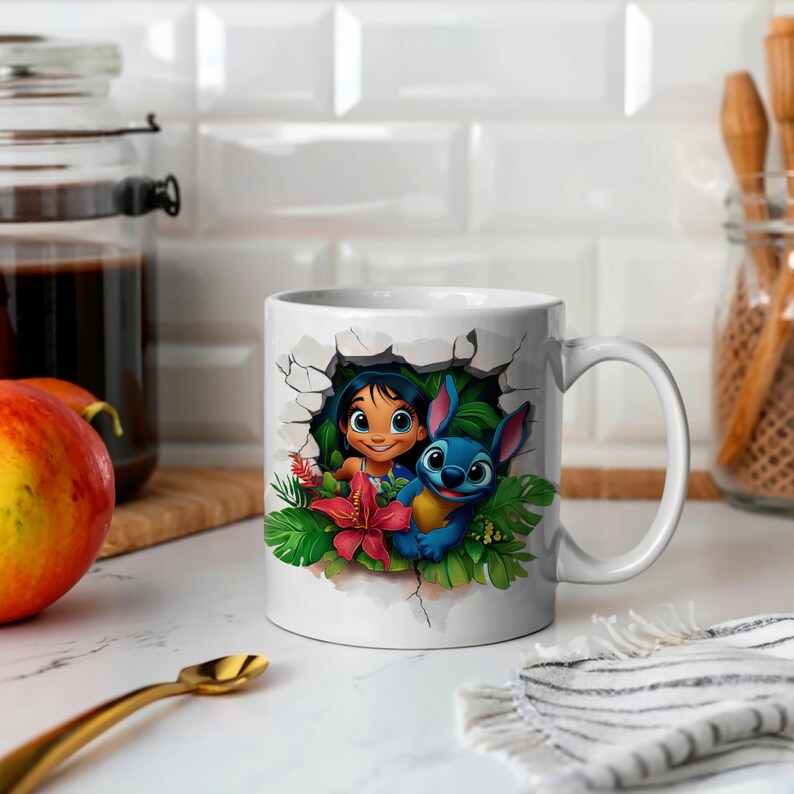 May include: White ceramic mug with a colorful cartoon image of a girl and a blue alien character peeking out of a broken wall. The image is surrounded by green leaves and a pink flower.