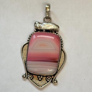 Vintage Handmade Sterling Silver Pink Banded Agate XL Statement Pendant