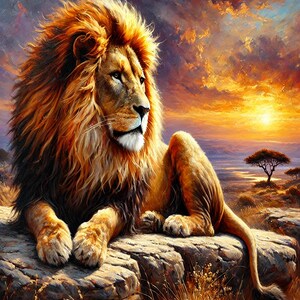 Maestoso leone al tramonto - Stampa artistica digitale - Decorazione murale della fauna selvatica africana - Download di arte degli animali del safari