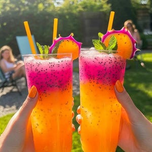 May include: Two tall glasses filled with a layered drink, featuring orange, pink, and magenta hues, topped with dragon fruit slices and mint sprigs. Yellow straws are inserted. The drinks are held up in front of a green lawn and trees.
