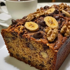 May include: A slice of banana bread topped with walnuts, chocolate chips, and banana slices. The bread is on a white plate, with a cup of coffee in the background. The bread has a golden-brown crust and a moist interior.