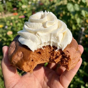 Puede incluir: Primer plano de un pastel redondo parcialmente comido. El pastel tiene una base marrón, un glaseado color caramelo y un gran remolino de crema blanca encima, salpicado de motas oscuras. El fondo está borroso con follaje verde.