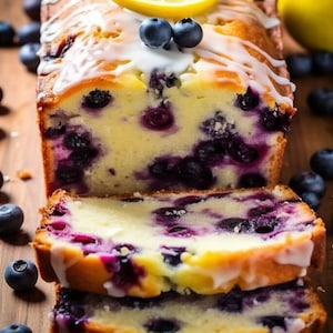 Op de afbeelding: Een citroen-blauwe bessenbrood met een citroenschijf erop en een witte glazuur. Het brood is gesneden en de plakjes zijn op elkaar gestapeld. Er zijn blauwe bessen rond het brood gestrooid.