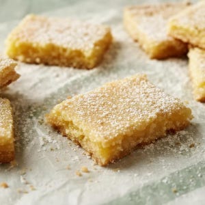 Könnte beinhalten: Mehrere goldgelbe Zitronen-Bars, bestäubt mit Puderzucker, sind auf einer hellgrünen und weiß gestreiften Oberfläche angeordnet. Die Bars haben einen krümeligen Boden und eine leuchtend gelbe Füllung, was auf eine Süßigkeit hindeutet.