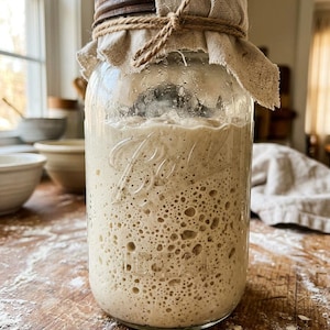 May include: A clear glass jar filled with bubbly, light-colored sourdough starter. The jar is sealed with a metal lid, fabric cover, and twine. The jar sits on a wooden surface, with bowls and a window in the background. The jar is labeled with the word "Ball".