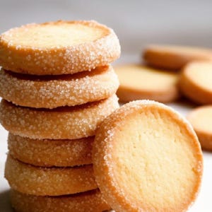 Könnte beinhalten: Ein Stapel runder, goldbrauner Kekse mit zuckerbeschichtetem Rand. Mehrere andere Kekse sind im Hintergrund leicht unscharf. Die Kekse scheinen Shortbread oder ähnliches zu sein und haben eine helle, ansprechende Farbe.