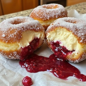 May include: Three sugared donuts filled with cream and raspberry jam. The golden-brown donuts have a hole in the center and are dusted with granulated sugar. Creamy filling and red jam are visible.