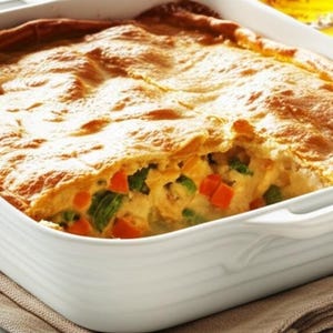 Può includere: Una casseruola appena sfornata con una crosta dorata, che rivela un ripieno di carote arancioni, verdure verdi e una salsa cremosa. Il piatto è presentato in una pirofila rettangolare bianca, ideale per un pasto in famiglia.