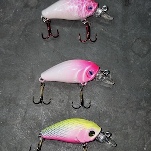 Lot of 3 Handmade in the USA. Custom Painted 1 Inch Shallow Diving Crankbait High Yield Multi Species Fishing Lure