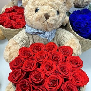 Forever Rose Flower Basket With a bear