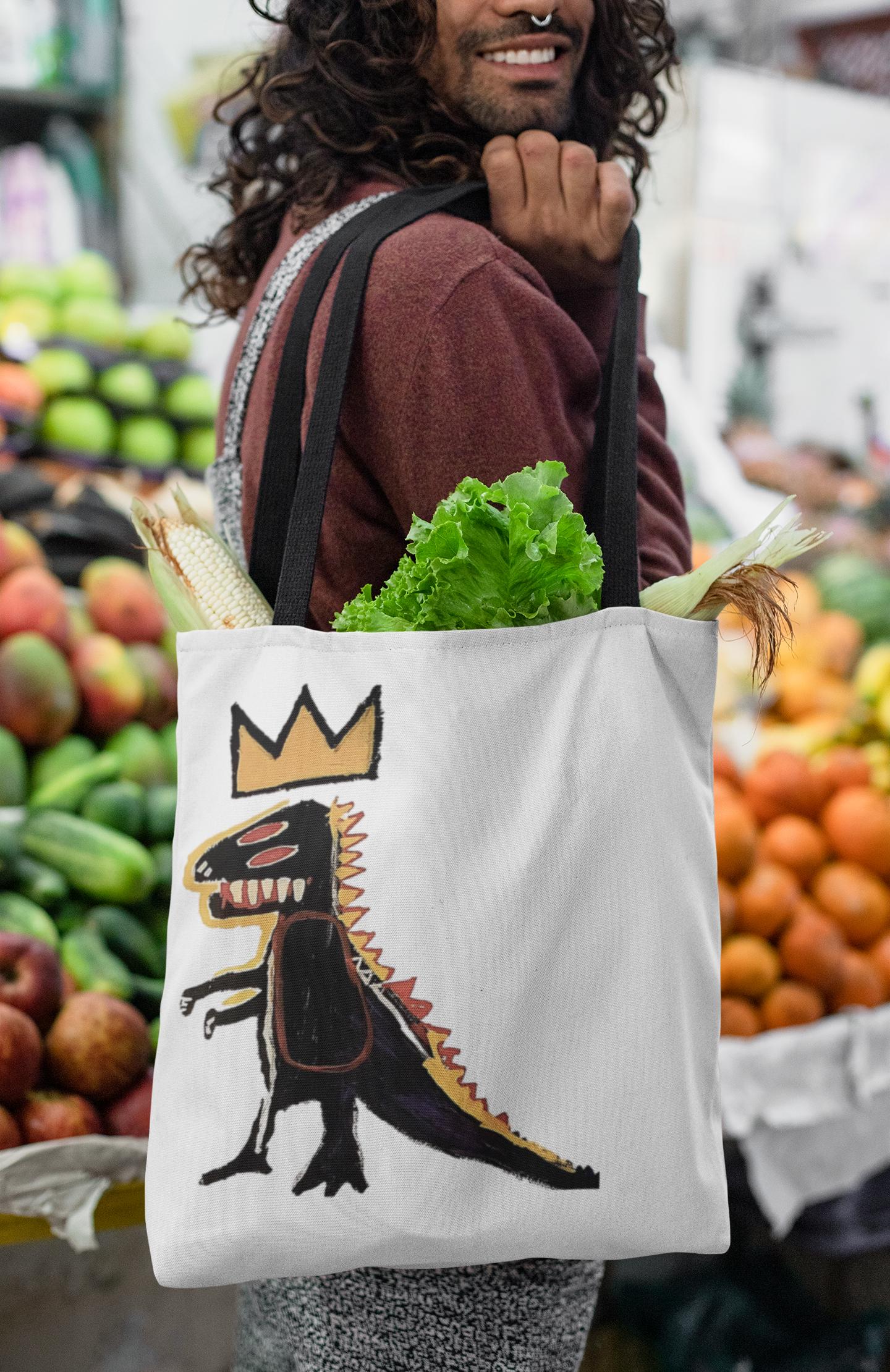 Basquiat-Inspired Graffiti Dino Tote Bag: Urban Art Reusable Shopping Bag