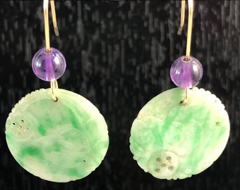 exquisite vintage jade crane earrings, sterling or 14k gold filled