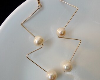 Gold and Pearl Zig-Zag Earrings