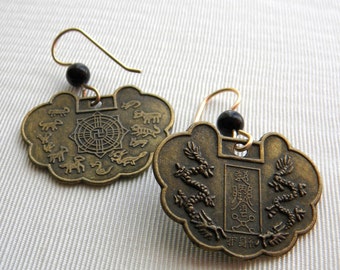mystical brass medallion with dragons earrings