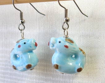 Earrings Cute Ceramic Blue Dragon