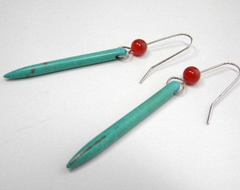 Turquoise stick and Orange Carnelian Silver Wire Earrings
