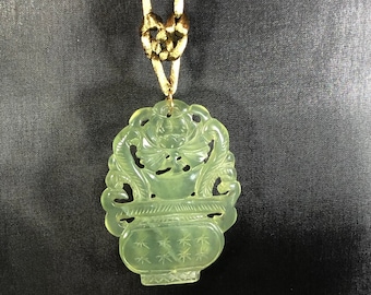 vintage carved floral jade basket necklace