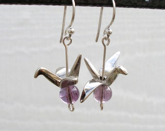 Silver Metal Origami Crane Earrings