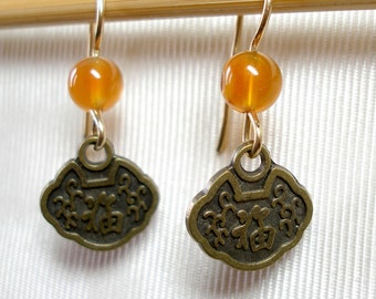 Brass Asian Lucky Charm with Orange Carnelian or Black Onyx Bead Earrings.