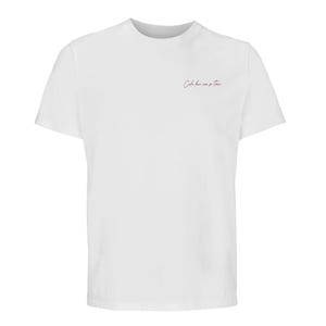 May include: White t-shirt with a pink inscription that reads "C'est la vie, so true".