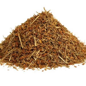 May include: A mound of dried herbs and spices, displaying a mix of brown and tan hues. The texture appears coarse and fibrous, with visible stems and small pieces. The herbs are set against a clean white background.