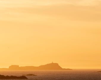 Panoramic Photograph of Fidra Lighthouse at Sunset. Available as a Print, Canvas or Framed Canvas