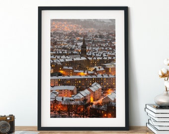 Snow Covered Edinburgh Rooftops Photography Print, Large Scottish Architecture Wall Art, Winter Snowstorm Stretched Canvas, Edinburgh