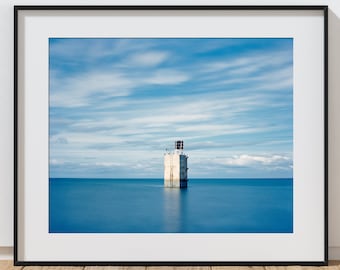 Minimalist Blue Seascape Photography Print, Large Scottish Coastal Stretched Canvas, Framed Dunbar Coast Canvas, Ready To Hang