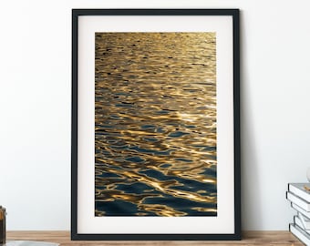 Large Abstract Seascape Photography Print, Sunset Wall Art, Stretched Canvas, Nautical Decor, Sunset and Cloud Reflection, Liquid Gold