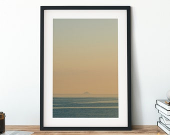 Minimalist Scottish Seascape Photography Print, Ailsa Craig On Scotland's West Coast, Framed Stretched Coastal Canvas, Comes Ready To Hang