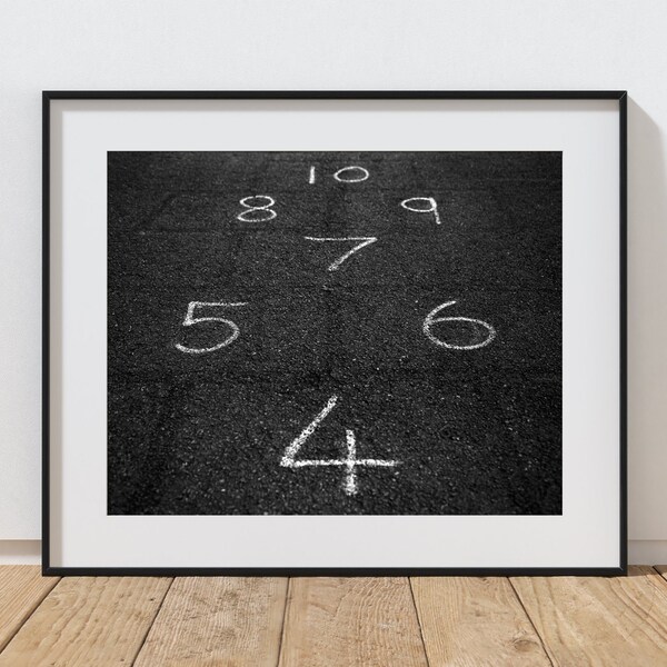Black and White Number Photography Print, Large Fine Art Stretched Canvas Wall Art, Framed Canvas Ready To Hang, Playground Hopscotch Decor