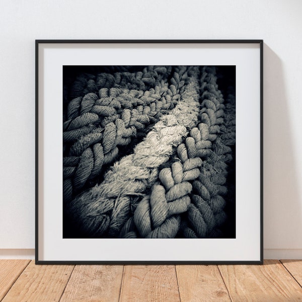 Boat Rope Print, Square Black and White Fine Art Photograph, Large Stretched Canvas, Framed or Rolled Canvas, Ready to Hang, Holga Print