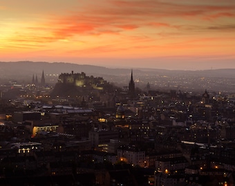 Edinburgh Castle Sunset Photography Wall Art. Available as a Print, Canvas or Framed Canvas.