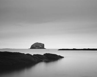Black and White Bass Rock Photography Wall Art. Available as a Print, Canvas or Framed Canvas.
