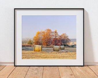 スコットランドの風景写真プリント、秋の日の出の田園風景の壁画、アバディーンシャーのアルフォード、畑と干し草の俵